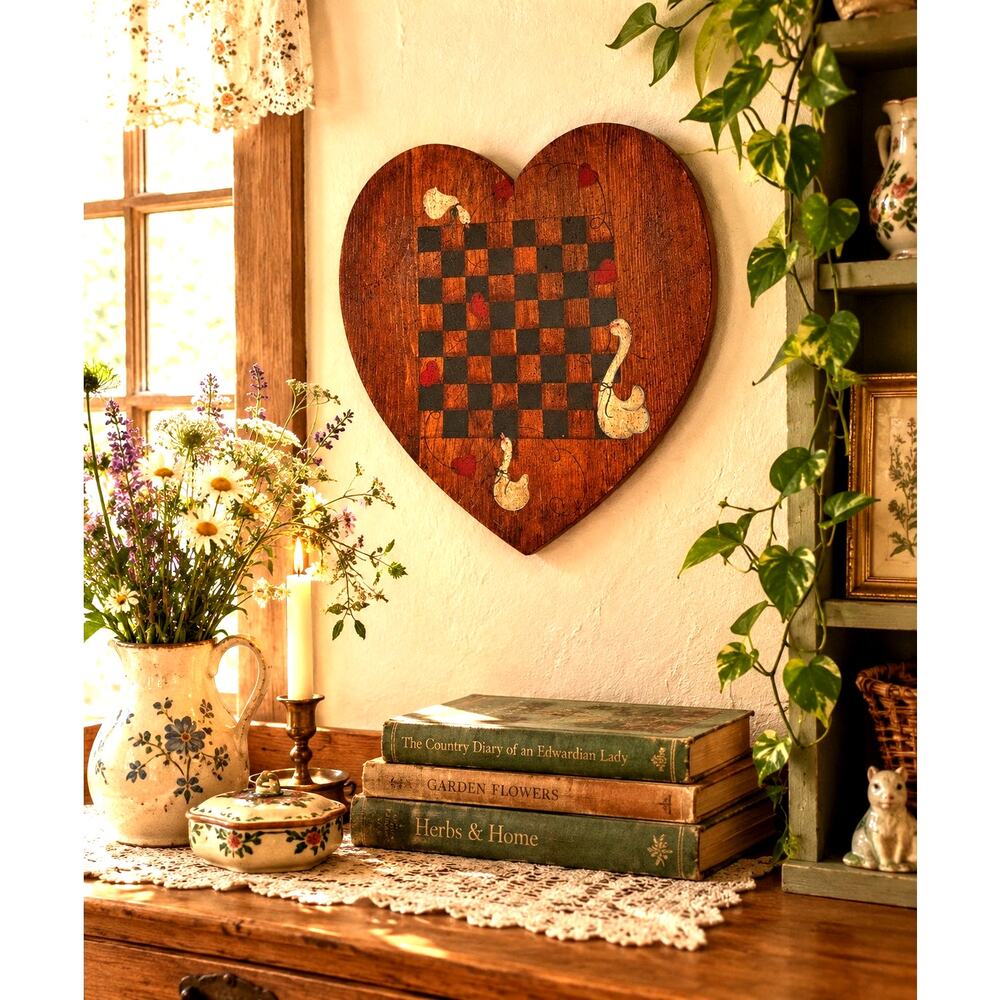 Heart shaped geese hearts wooden checkerboard wall decor VTG hand painted 90s